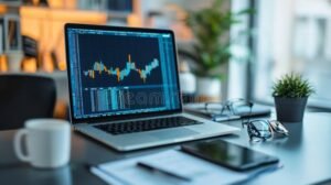 Come vedere il fatturato di un’azienda: quali strumenti utilizzare 2 grafici finanziari e laptop in ufficio