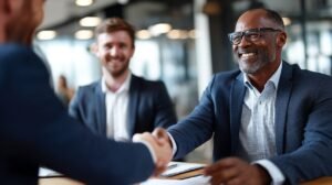 imprenditori che stringono mani in ufficio moderno