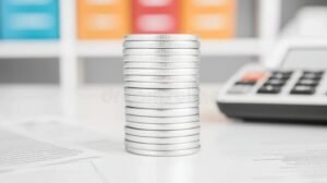 moneta e documento bancario con calcolatrice