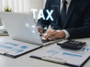 persona al lavoro con calcolatrice e documenti fiscali